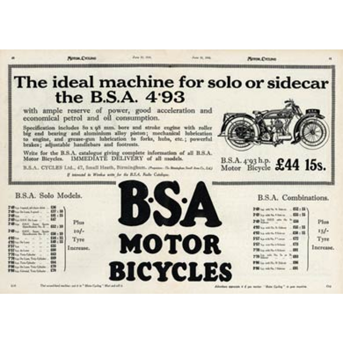 BSA Motor Bicycles 1926
